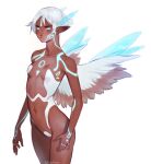  1girl angel_wings aqua_eyes blue_wings breasts dark-skinned_female dark_skin dide6an fairy_wings feathered_wings glowing_tattoo highres leotard looking_at_viewer navel original pointy_ears short_hair small_breasts white_hair white_leotard white_wings wings 