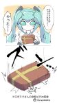  1girl blue_eyes blue_hair blush falling frame_arms frame_artist_hatsune_miku gift hatsune_miku holding holding_gift ikanomaru long_hair looking_at_viewer mecha mechanical_hair motion_lines robot sparkle speech_bubble translation_request twintails valentine vocaloid 