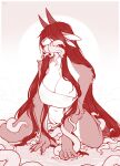  2023 4_ears anthro big_breasts biped bovid breasts caprine claws cleavage clothed clothing cloven_hooves digital_media_(artwork) ear_piercing ear_ring fangs female finger_claws genitals goat hair hair_over_eyes hi_res hooves horn iriedono kneeling mammal mostly_nude_anthro mostly_nude_female multi_ear piercing pussy ring_piercing solo teeth tentacles_in_mouth 