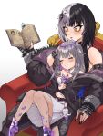  2girls armchair black_choker black_hair book bookmark chair choker coat colored_inner_hair crystal dress fur_trim genokong grey_hair highres hololive hololive_english jacket koseki_bijou long_hair multicolored_hair multiple_girls pink_hair shiori_novella sitting sitting_on_person split-color_hair two-tone_hair virtual_youtuber white_background white_dress white_hair yellow_eyes 