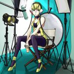  1girl blonde_hair blue_eyes boom_microphone cabonara_artblock can chair choker collarbone elesa_(pokemon) folding_chair full_body high_heels highres holding holding_can looking_to_the_side parted_lips pokemon pokemon_(game) pokemon_bw short_hair_with_long_locks signature sitting solo studio_lights 