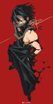  1boy absurdres black_hair feitan_portor from_above full_body glaring high_collar highres hunter_x_hunter long_sleeves looking_at_viewer male_focus red_background serious shengdoushi9 shirt short_hair skull_print solo standing toned toned_male torn_clothes 