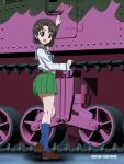  1girl arm_up artist_name black_neckerchief blouse blue_socks brown_eyes brown_footwear brown_hair commentary dated from_side full_body girls_und_panzer green_skirt heel_up highres kneepits loafers long_sleeves looking_at_viewer looking_back m3_lee midriff military military_vehicle miniskirt motor_vehicle naotosi neckerchief ooarai_school_uniform open_mouth parted_bangs pleated_skirt sailor_collar sawa_azusa school_uniform serafuku shirt shoes short_hair skirt smile socks solo standing tank white_sailor_collar white_shirt 
