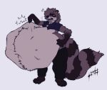  abdominal_bulge anthro belly big_tail bodily_fluids body_hair breath button_(fastener) chocopaws2 clothed clothing english_text fluffy hand_on_hip hand_on_stomach happy_trail male mammal muffled_speech navel open_mouth panting procyonid raccoon soft_vore solo sound_effects straining_buttons sweat sweatdrop tail teeth text vore 