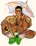  1boy absurdres alternate_muscle_size arm_hair bara belly blush bulge chest_hair hairy hand_on_own_neck highres holding holding_umbrella jadenvargen large_pectorals leg_hair long_sideburns looking_at_viewer male_focus mature_male mob_psycho_100 muscular muscular_male navel navel_hair nervous nipples pectorals pink_background plump serizawa_katsuya short_hair short_shorts shorts sideburns slippers socks solo sparse_stubble spread_legs stomach thick_thighs thighs topless_male umbrella white_socks 
