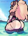  anthro big_butt blurred_background breasts butt clothed clothing digital_media_(artwork) fangs felid female fur hair hi_res host_hu looking_at_viewer looking_back mammal pantherine rear_view saber-toothed_tiger sabertooth_(anatomy) sea smile solo teeth thick_thighs tiger water 