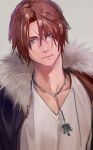  1boy black_jacket blue_eyes brown_hair expressionless final_fantasy final_fantasy_viii fur-trimmed_jacket fur_trim grey_background highres jacket jewelry male_focus necklace nini_tw99 open_clothes open_jacket scar scar_on_face scar_on_forehead shirt short_hair simple_background solo squall_leonhart v-neck white_shirt 