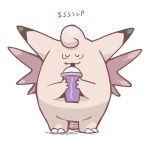  clefable closed_eyes commentary cup disposable_cup drinking flyingrotten full_body grimace_shake_(meme) holding holding_cup meme no_humans pokemon pokemon_(creature) simple_background standing u_u white_background 