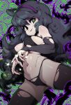  1girl @_@ ahoge bikini black_bikini black_hair black_thighhighs breasts brown_background covered_nipples gradient_hair green_hair green_outline hairband hex_maniac_(pokemon) highres large_breasts looking_at_viewer multicolored_hair navel nervous_sweating outline pokemon pokemon_(game) pokemon_xy purple_eyes purple_hairband simple_background slugbox smile solo spiral_background stomach sweat swimsuit thighhighs torn_clothes torn_thighhighs 