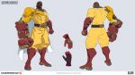  1boy 2023 abs absurdres bald belt character_name clenched_hands conch copyright_name cosplay dark-skinned_male dark_skin doomfist_(overwatch) english_commentary full_body gauntlets gloves highres logo male_focus muscular official_art one-punch_man overwatch overwatch_2 red_gloves saitama_(one-punch_man) saitama_(one-punch_man)_(cosplay) simple_background solo standing suit white_background yellow_suit 