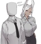  1girl 1other absurdres animal_ears black_necktie black_skirt boku_no_hero_academia breasts collared_shirt dark-skinned_female dark_skin english_commentary faceless_other hand_on_own_hip highres large_breasts long_eyelashes long_hair looking_at_another mirko necktie office_lady parted_bangs parted_lips pencil_skirt ponytail rabbit_ears rabbit_girl raised_eyebrow red_eyes shirt shirt_tucked_in skirt smile soolee040995 sweatdrop white_background white_hair white_shirt 