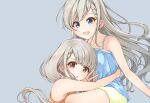  2girls bare_shoulders blue_camisole blue_eyes blush bow braid braided_bangs breasts brown_eyes camisole chestnut_mouth collarbone dot_nose earrings grey_background grey_hair hair_bow highres hisakawa_hayate hisakawa_nagi hug idolmaster idolmaster_cinderella_girls idolmaster_cinderella_girls_starlight_stage jewelry long_hair looking_at_viewer low_twintails medium_breasts multiple_girls open_mouth pink_bow shirt shorts siblings simple_background sisters sleeveless sleeveless_shirt smile tsugaru_(enoken) twins twintails v very_long_hair yellow_shirt yellow_shorts 