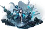  1girl artist_request asymmetrical_bangs azur_lane barefoot belt black_coat blue_eyes blue_hair blue_horns breasts breasts_apart coat dragon_horns dress full_body hair_between_eyes hand_on_own_hip highres horns large_breasts legs long_hair long_sleeves looking_at_viewer mary_celeste_(azur_lane) navel no_bra official_art open_clothes open_coat open_mouth outstretched_arm pelvic_curtain pointy_ears revealing_clothes rigging rock sailing_ship ship sidelocks smile smoke solo spread_navel standing standing_on_liquid stomach tentacles thighs toenails torn_clothes torn_dress underboob very_long_hair water watercraft waves wide_sleeves 