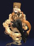  1girl black_gloves black_shirt blue_eyes boots brown_coat brown_headwear closed_mouth coat collared_shirt crossed_legs ebi_pri_shrimp fingerless_gloves flower full_body fur_hat gloves gradient_background guilty_gear guilty_gear_strive hand_on_own_face hat long_hair looking_away millia_rage pantyhose rose scarf shirt sitting solo ushanka very_long_hair white_background 