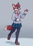  4_fingers anthro blush bottomwear canid canine canis clothed clothing collar fingers fleurfurr footwear formal_wear hi_res jfet male mammal necktie on_one_leg pants plantigrade shoes simple_background skirt solo standing wolf 