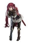  1girl :&lt; armor armored_boots black_gloves black_pantyhose black_ribbon boots closed_mouth commentary_request fire_emblem fire_emblem_fates full_body gloves hair_between_eyes hair_ribbon highres holding holding_sword holding_weapon long_hair long_sleeves looking_at_viewer pantyhose pauldrons peacefulandflat red_eyes red_hair ribbon selena_(fire_emblem_fates) shoulder_armor simple_background single_pauldron solo sword twintails very_long_hair weapon white_background 