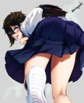  1girl aona_(anagasaki) ass black_hair blue_eyes blush glasses grey_background highres looking_at_viewer looking_back momijiyama_teru open_mouth school_uniform short_hair shy_(series) signature simple_background smile solo 