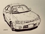  1girl car cevio commentary_request datsan driving highres marker monochrome motor_vehicle one_(cevio) short_hair solo toyota toyota_corolla_levin twitter_username 