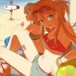  01_0219 3girls ayanami_rei ball beach beachball bikini blue_eyes blue_hair bracelet denim denim_shorts eyelashes eyewear_on_head hair_between_eyes holding holding_surfboard jewelry katsuragi_misato leg_tattoo long_hair multiple_girls neon_genesis_evangelion number_tattoo sandals shore short_hair short_shorts shorts side-tie_bikini_bottom sitting smile souryuu_asuka_langley surfboard swimsuit tattoo 