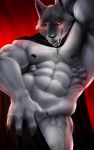  absurd_res anthro big_muscles canid canine canis cape clothing death_(puss_in_boots) dynafurryart hi_res male mammal muscular nipple_piercing nipples piercing solo wolf 