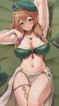  1girl absurdres alternate_costume arm_up armpits breasts brown_hair cleavage collar genshin_impact green_eyes green_headwear hat highres jag_ging jewelry large_breasts lisa_(a_sobriquet_under_shade)_(genshin_impact) lisa_(genshin_impact) long_hair long_sleeves looking_at_viewer lying midriff navel necklace on_back pelvic_curtain revealing_clothes see-through see-through_sleeves smile solo stomach thighlet thighs 