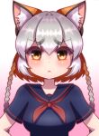  1girl absurdres animal_ears blush extra_ears fox_ears fox_girl grey_hair highres hikarikmy island_fox_(kemono_friends) kemono_friends kemono_friends_v_project long_hair looking_at_viewer multicolored_hair orange_hair pink_background sailor_collar school_uniform simple_background solo two-tone_hair virtual_youtuber yellow_eyes 