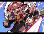  1boy absurdres astolfo_(fate) black_bow blush bow braid fang fate/apocrypha fate_(series) gauntlets griffin highres letterboxed long_hair magic male_focus marlowe otoko_no_ko pink_eyes pink_hair single_braid skin_fang upper_body 