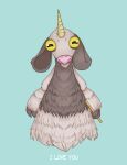  ambiguous_gender anthro big_blue_bubble bovid caprine floppy_ears fluffy fur goat grey_body grey_fur gyllbaine hi_res holding_object horizontal_pupils horn mammal my_singing_monsters pupils solo tapricorn unicorn_horn yellow_eyes 