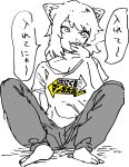  baggy_clothing barefoot breasts cat_smile cigarette cleavage clothed clothing digital_media_(artwork) feet felid feline female hi_res humanoid japanese_text logo looking_at_viewer mammal shirt smile solo text topwear yani_neko 