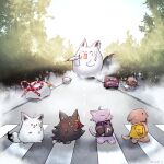  :3 abbey_road ahoge animal animal_ears animalization bird car cat check_commentary closed_eyes commentary_request crosswalk dog duck fubuzilla_(shirakami_fubuki) highres hololive ikayaki_(artist) inugami_korone inugami_korone_(dog) lion listener_(inugami_korone) motor_vehicle nekomata_okayu nekomata_okayu_(cat) no_humans nun_nun_(tokino_sora) onigirya_(nekomata_okayu) ookami_mio ookami_mio_(wolf) oozora_subaru open_mouth outdoors pain parody poyoyo_(nakiri_ayame) road sheep shirakami_fubuki shishiro_botan sky subaru_duck tongue tongue_out tree walking watamate whistle whistle_around_neck white_sky wince wolf 