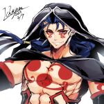  1boy arm_tattoo black_gloves blue_hair bright_pupils chest_tattoo cu_chulainn_(fate) cu_chulainn_alter_(fate) dated earrings elbow_gloves facial_tattoo fate/grand_order fate_(series) fgo_moyashi gloves grin hair_strand highres hood jewelry long_hair looking_at_viewer male_focus mitsudomoe_(shape) muscular muscular_male red_eyes sharp_teeth signature simple_background smile solo tattoo teeth tomoe_(symbol) upper_body white_background 