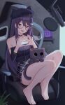  1girl :p animal_hat bare_shoulders barefoot black_choker black_headwear breasts can_zhu cat cat_hair_ornament cat_hat chair choker fangs gaming_chair glasses grey_skirt hair_ornament hat heart heart_hands highres knees_up ksp_(vtuber) long_hair long_sleeves looking_at_viewer medium_breasts meridian_project microphone miniskirt monitor off-shoulder_shirt off_shoulder official_alternate_costume plaid plaid_skirt pop_filter purple_eyes purple_hair round_eyewear shirt sitting skirt solo strapless strapless_shirt swivel_chair toes tongue tongue_out twitch_logo very_long_hair virtual_youtuber zipper zipper_pull_tab 