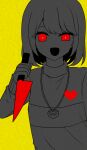  0725akaba 1other :d chara_(undertale) hand_up heart highres holding holding_knife knife long_sleeves looking_at_viewer other_focus pixelated red_eyes simple_background sleeves_past_wrists smile solo undertale upper_body yellow_background 