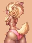  1girl :t =3 absurdres animal_ear_fluff animal_ears animal_hands animal_nose annoyed artist_name back bangs blonde_hair blush body_fur breasts cameltoe closed_mouth commentary_request cowboy_shot crossed_arms curled_horns dark-skinned_female dark_skin embarrassed from_behind furry furry_female highres hooves horizontal_pupils horns looking_at_viewer looking_back orange_background original panties pink_panties pout sheep_ears sheep_girl sheep_horns sheep_tail shiny_skin short_hair sidelocks signature simple_background skindentation small_breasts solo standing tail tamanosuke thick_thighs thighs topless underwear underwear_only wide_hips yellow_eyes yellow_fur 