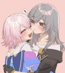  2girls black_gloves black_jacket blue_jacket blush cheek-to-cheek closed_eyes closed_mouth commentary_request gloves gradient_jacket grey_hair heads_together heart highres honkai:_star_rail honkai_(series) hug jacket long_hair march_7th_(honkai:_star_rail) multiple_girls pink_background pink_hair purple_jacket sabasashi short_hair simple_background smile spoken_heart stelle_(honkai:_star_rail) trailblazer_(honkai:_star_rail) upper_body yellow_eyes yuri 