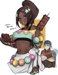  1boy 1girl armor bare_shoulders blue_eyes blue_hair breasts brown_eyes brown_hair cape commentary_request crop_top dark-skinned_female dark_skin fire_emblem fire_emblem:_path_of_radiance fire_emblem:_radiant_dawn fire_emblem_engage hair_ornament headband highres ike_(fire_emblem) jewelry long_hair looking_at_viewer medium_breasts off-shoulder_shirt off_shoulder official_alternate_costume ponytail seinikuten shirt short_hair skirt smile star-shaped_pupils star_(symbol) symbol-shaped_pupils timerra_(fire_emblem) very_dark_skin 