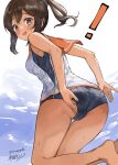  ! 1girl adjusting_clothes adjusting_swimsuit ass barefoot black_one-piece_swimsuit brown_eyes brown_hair highres i-401_(kancolle) kantai_collection long_hair looking_at_viewer looking_back mizuta_kenji one-piece_swimsuit orange_sailor_collar ponytail sailor_collar school_swimsuit shirt side-tie_shirt signature sleeveless sleeveless_shirt solo sweat swimsuit swimsuit_under_clothes tan 