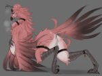 2023 absurd_res all_fours anthro arched_back ass_up avian avian_feet beak big_breasts biped bird black_beak black_body black_feathers black_horn black_sclera breasts claws digital_media_(artwork) feathered_arms feathers female flamingo genitals grey_background hi_res horn looking_at_viewer looking_back looking_back_at_viewer lvlirror multicolored_body multicolored_feathers nipple_piercing nipple_ring nipples piercing pink_body pink_feathers purple_eyes pussy ring_piercing simple_background solo tail_feathers toe_claws white_body white_feathers 