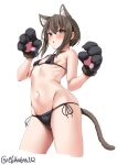  1girl animal_hands bikini black_bikini blush breasts brown_eyes brown_hair cat_girl cat_paws cat_tail cowboy_shot flat_chest gloves highres kantai_collection navel paw_gloves ribs short_hair side-tie_bikini_bottom small_breasts stomach swimsuit taihou_(kancolle) tail twitter_username white_background 