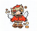  angel angel_wings beret blush brown_footwear brown_hair chibi cookie cotton_sprout food hair_ribbon hat heart original red_ribbon red_shirt ribbon shirt skirt striped striped_skirt wings 