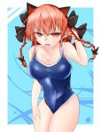  1girl :d alternate_hairstyle animal_ears arm_up ashigaruk blue_background braid breasts cat_ears cleavage commentary_request cowboy_shot extra_ears fang hair_between_eyes hand_on_own_leg highres kaenbyou_rin large_breasts light_blush long_hair looking_at_viewer one-piece_swimsuit open_mouth pointy_ears red_eyes red_hair simple_background smile solo swimsuit thighs touhou twin_braids 