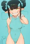  1girl absurdres black_hair blue_leotard breasts covered_navel demon_girl demon_horns demon_tail grin highres horns leotard looking_at_viewer mephia niwarhythm parted_lips pointy_ears sharp_teeth short_hair small_breasts smile solo sweethex tail teeth yellow_eyes 