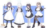  4girls apron aqua_eyes black_dress black_hair black_pantyhose blue_archive blue_hair blue_halo boots breasts broom brown_eyes brown_hair brown_pantyhose candy dress dynamite explosive food grey_halo halo highres holding holding_broom holding_candy holding_food holding_lollipop holding_plate holding_rabbit juliet_sleeves large_breasts lollipop long_hair long_sleeves looking_at_viewer low_twintails mary_janes medium_hair mine_(weapon) miyako_(blue_archive) miyu_(blue_archive) moe_(blue_archive) multiple_girls one_side_up onigiri_noe pantyhose plate puffy_short_sleeves puffy_sleeves rabbit_platoon_(blue_archive) saki_(blue_archive) shoes short_sleeves twintails very_long_hair white_apron white_hair white_pantyhose 