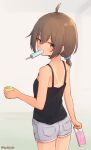  1girl ahoge artist_name back barley_tea black_camisole blush breasts brown_hair camisole centi_mnkt commentary_request cup denim denim_shorts food food_in_mouth highres holding holding_cup holding_food ice ice_cream ice_cube looking_at_viewer looking_back original partial_commentary popsicle popsicle_in_mouth red_eyes short_hair short_ponytail shorts sidelocks simple_background sketch_background small_breasts solo tan twitter_username 