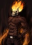  abs absurd_res anthro bone bottomwear clenched_teeth clothed clothing demon fire flaming_hair flaming_tail glowing glowing_eyes hand_on_hip hi_res male muscular muscular_male pants pseudo_hair scar simple_background skull skull_head solo standing tail tail_on_fire teeth topless topless_male za-owl 