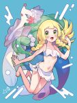 1girl :d aqua_background bare_arms barefoot blonde_hair blunt_bangs blush braid commentary_request eyelashes floating_hair green_eyes hand_up happy highres kinocopro lillie_(pokemon) long_hair looking_at_viewer midriff navel open_mouth pokemon pokemon_(anime) pokemon_(creature) pokemon_sm_(anime) primarina smile swimsuit toes tongue twin_braids 