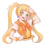  1girl aikatsu!_(series) aikatsu_friends! blonde_hair bow earrings green_eyes hand_on_own_hip hinata_ema_(aikatsu_friends!) jewelry long_hair nurumi_p open_mouth orange_bow orange_sailor_collar puffy_short_sleeves puffy_sleeves sailor_collar short_bangs short_sleeves smile solo star_(symbol) star_earrings twintails wrist_cuffs 