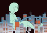  1girl absurdres black_background building cityscape flat_color from_side highres kaigara_chan looking_to_the_side night original parted_lips radio_antenna road short_hair sitting solo town traffic_light transmission_tower 