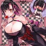  1girl ashihara_(tw) black_dress black_hair black_hairband blush breasts brown_eyes candy_apple checkered_background chibi choker colored_inner_hair copyright_name dairoku_ryouhei demon_tail detached_sleeves dress flower food frilled_sleeves frills hair_flower hair_ornament hairband heart heart_choker huge_breasts mask mouth_mask multicolored_hair multiple_views o-ring purple_hair shidai_ayako short_hair standing tail 