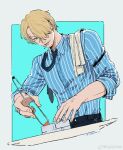  1boy blonde_hair cigarette concentrating cooking curly_eyebrows goatee_stubble hair_over_one_eye highres male_focus mcbuckwheat mustache_stubble one_piece pants sanji_(one_piece) shirt short_hair sleeves_rolled_up solo striped striped_shirt two-tone_background 